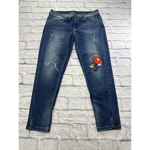Zara Basic Z1975 Denim Embroidered Distressed Ankle Zip Jeans Womens Size 12